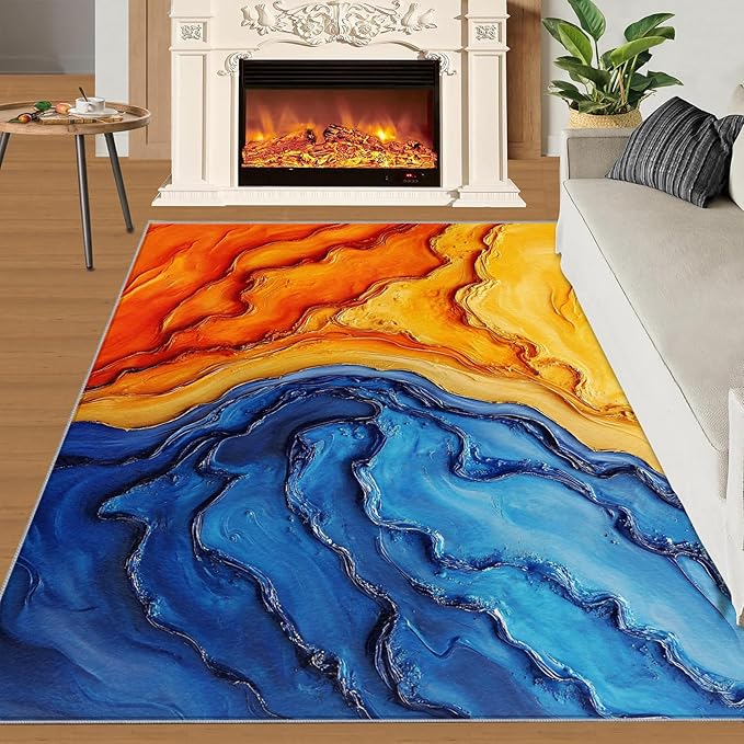 Navy Blue Rugs for Bedroom - 3x4 Area Rug - Abstract Blue Orange Rugs for Living Room, Modern Simple Art Rug, Washable Home Decor Carpet
