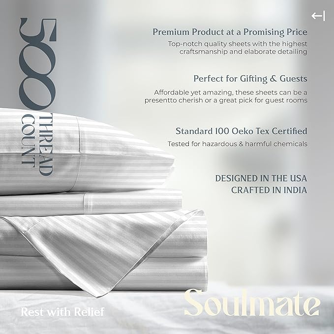 Mayfair Linen 100% Cotton Striped Sheets California King Size Bed Set - 500 Thread Count Damask Sheets Cal King Size 4 PC Set (White Stripe), Soft, Cooling, Sateen Weave 16" Deep Pocket Bedsheet