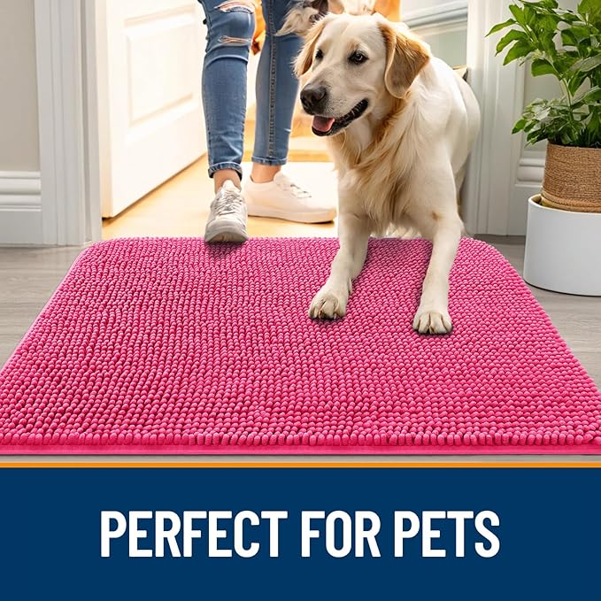 OLANLY Dog Door Mat for Muddy Paws 70x24, Absorbs Moisture and Dirt, Absorbent Non-Slip Washable Doormat, Quick Dry Chenille Mud Mat for Dogs, Entry Indoor Entryway Carpet for Inside Floor, Hot Pink