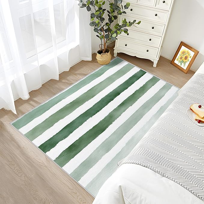 4x6 Rug Washable - Striped Rug for Bedroom, Green and White Stripe Minimalist Watercolor Non Slip Low Pile Area Rugs for Living Room Laundry, Striped Carpet Room Decor & Gifts