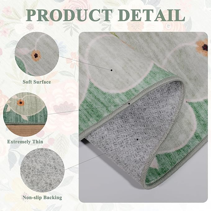 DUKINO 8x10 Area Rug, Floral Rugs for Living Room, Lightweight Non Slip Washable Rug, Indoor Low Pile & Non-Shedding Boho Design Rugs for Bedroom, Living Room, Dining Room, Green