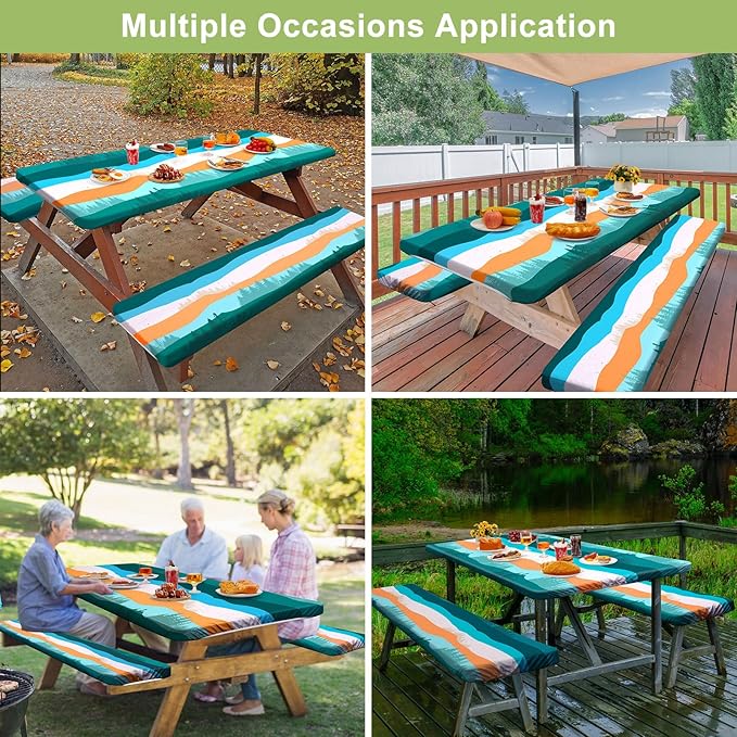 Picnic Table Cover with Bench Covers Camping Essentials Waterproof Windproof Camping Tablecloth with Drawstring Bag, Fitted Rectangle Tables and Seats, 72in, Orange Blue