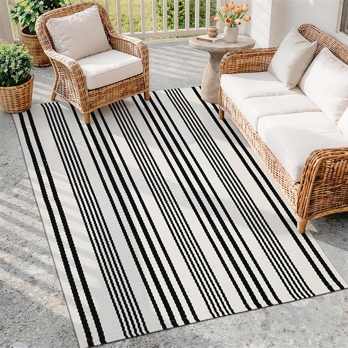 OJIA Outdoor Area Rug 4'x6', Black and White Outdoor Rug Machine Washable Patio Rugs Cotton Hand Woven Door Mats Indoor Outdoor Striped Rugs for Front Porch/Deck/Backyard/Balcony/Home Decor