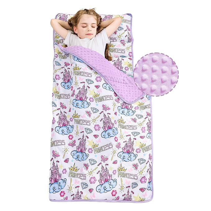 Viviland Toddler Nap Mat, Rolled Sleeping Mats with Pillow and Minky Dot Blanket for Girls, Kids Slumber Bag Nap Mat for Preschool, Daycare, Kindergarten, Travel Camping - Princess Fantasy