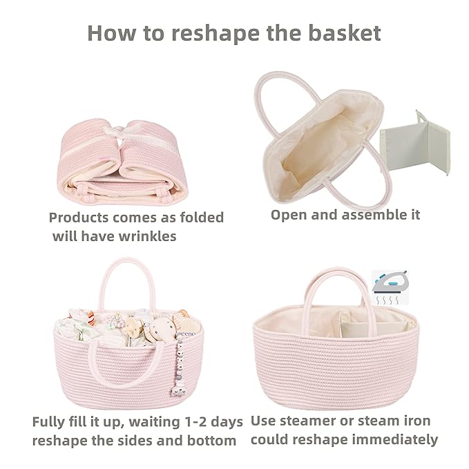 Large Baby Diaper Caddy Organizer for Girl Boy Rope Nursery Storage Bin Basket Portable Holder Tote Bag for Changing Table Car Travel Baby Shower Gifts Newborn Essentials Registry Must Haves Pink