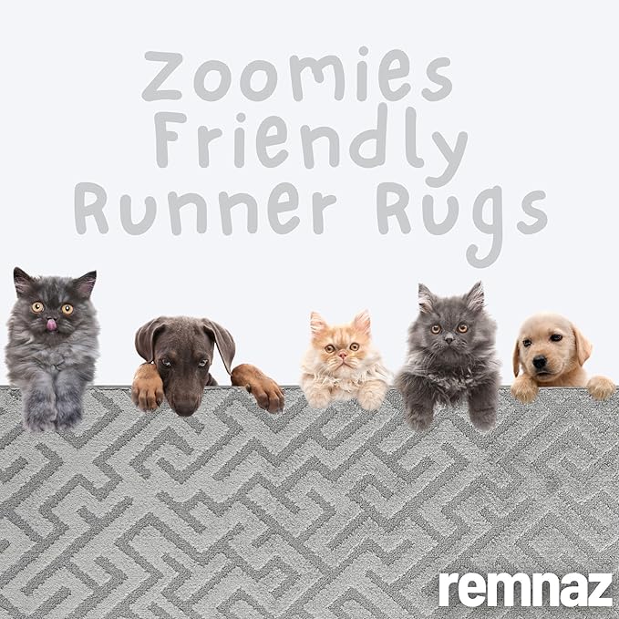 23ft Runner Rug by Custom Size - Deco Grey | Non-Slip Rubber Backed | Washable & Pet Friendly | Edge Bound