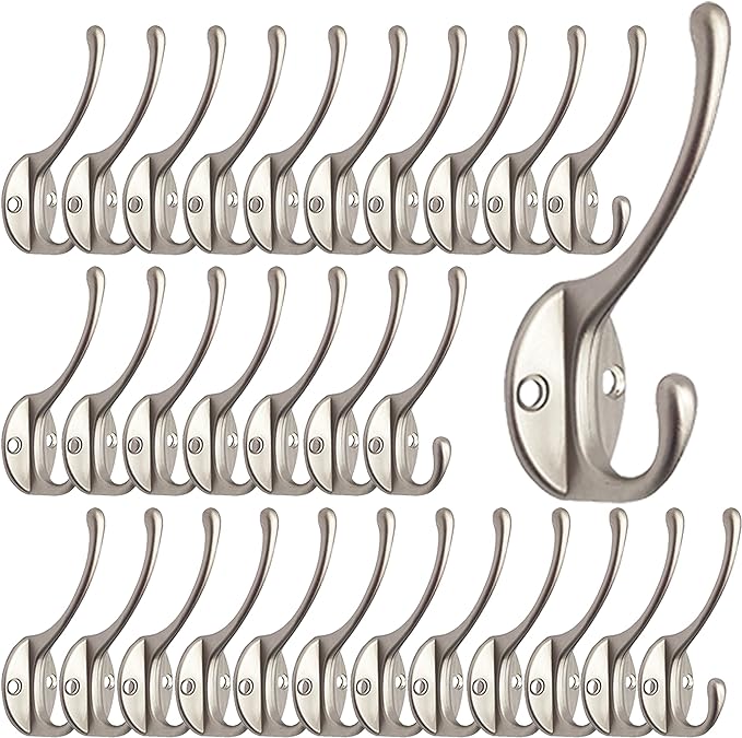 IBosins 30 Pack Heavy Duty Dual Coat Hooks Wall Mounted with 60 Screws Retro Double Hooks Utility Silvery Hooks for Coat, Scarf, Bag, Towel, Key, Cap, Cup, Hat
