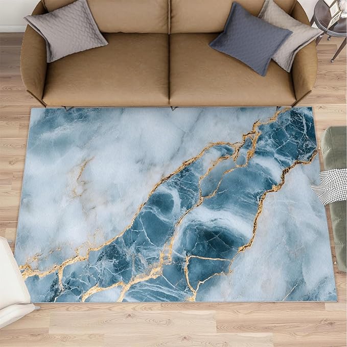 2x4 Abstract Marble Runner Rug for Hallway - Blue-White-Marble Kitchen Mat, Luxury Stone Pattern Kitchen Runner Rug Soft Non Slip Anti Fatigue for Laundry Room Indoor Hallways