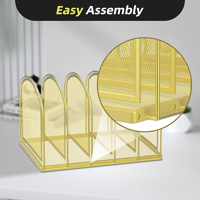 SUPEASY File Organizer for Desk, 5-Section Mesh Desk Organizer, Vertical File Holder Desktop Organizer File Sorter, File Folder Holder for Office Supplies, Gold