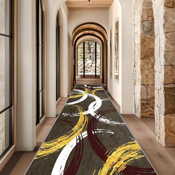 Gold White Red Circle Pattern Runner Rug, 2x8ft Washable Hallway Entrance Rugs - Corridor & Foyer Long Accent Rug, Modern Stylish Decor Carpet for Home Runner Non-Slip Mat
