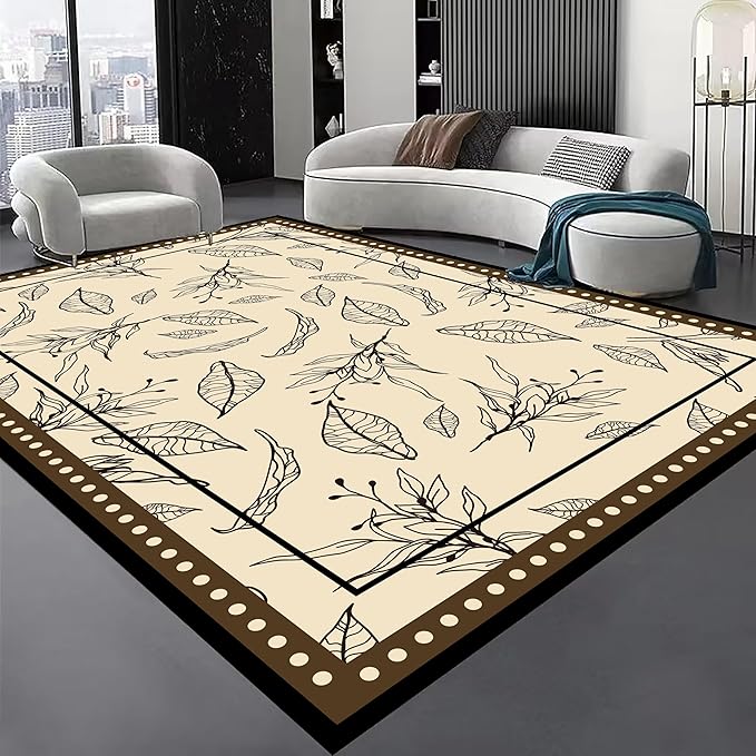 Medieval French Style Area Rugs 7x10ft, Off-White Botanical Leaf Pattern Rug, Low Pile Carpet, Washable & Non-Slip for Living Room, Bedroom, Dining Room, Dorm