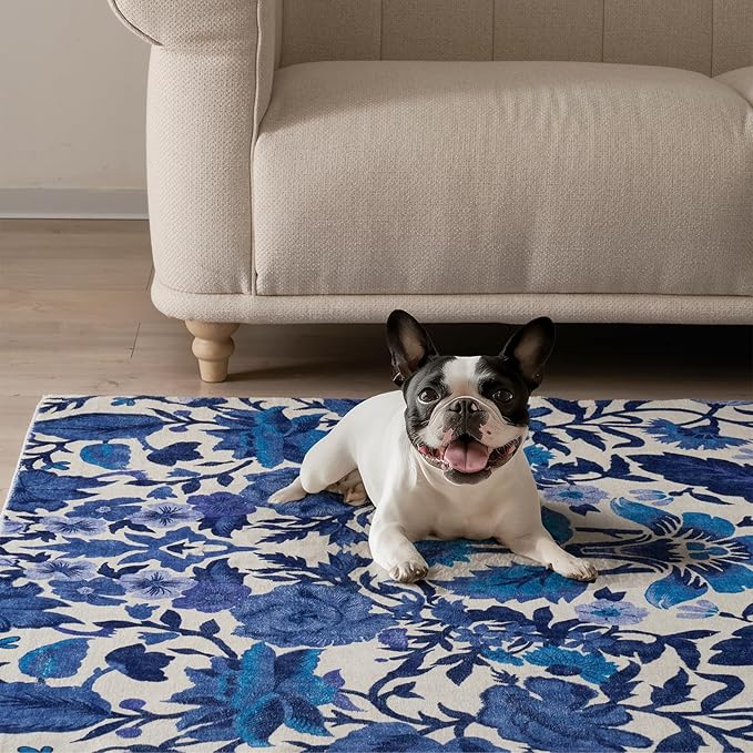 EVERGRACE Hallyway Area Runner Rugs 2x8, Boho Floral Faux Wool Indoor Outdoor Rugs, Washable Rugs for Bedroom Dining Room Living Room Kitchen, Low Pile Floor Mat Carpet for Home Decor, Celtic Blue