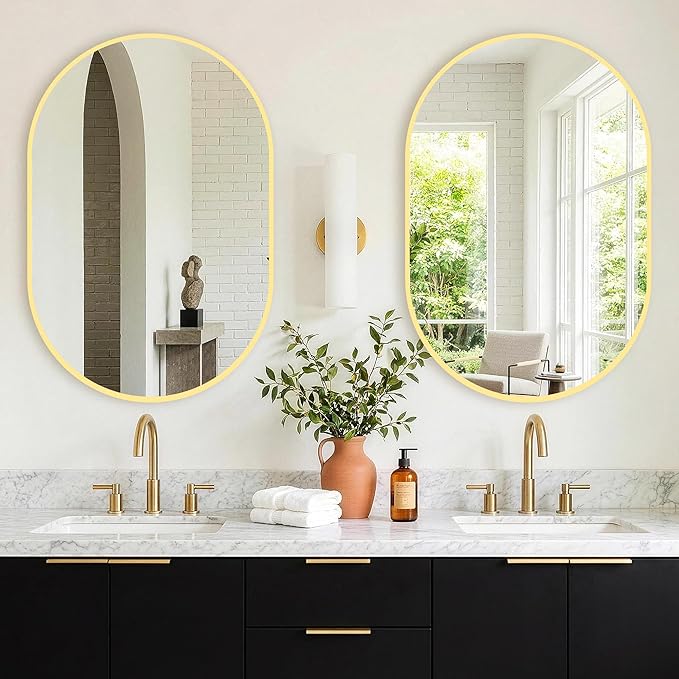 TRAHOME Oval Bathroom Mirror, 2 Pack 24"x36" Gold Vanity Mirror for Over Sink, Bedroom, Living Room, Entryway, Modern Mounted Metal Frame Wall Mirror