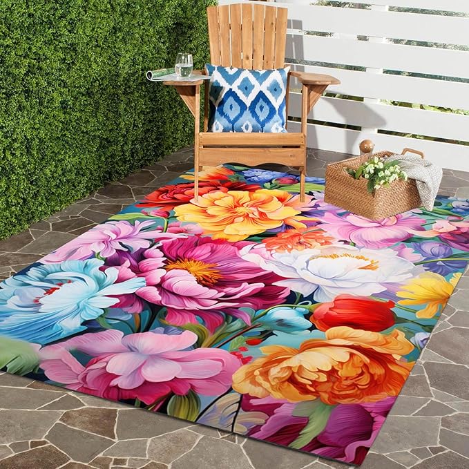 Floral Outdoor Rug Vibrant Waterproof Non Slip Patio Rugs for Balcony Garden Camping Poolside 9x12 Machine Washable Porch Deck Flower Print Outside Carpet Vintage Bathmat Orange Pink
