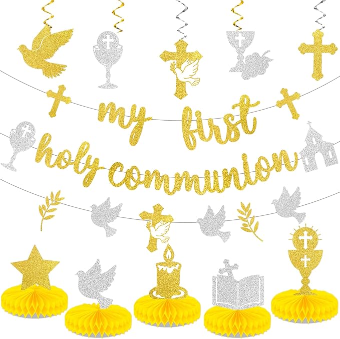 14PCS First Holy Communion Party Decorations My First Holy Communion Banners Hanging Swirls Glitter God Bless Cross Honeycomb Centerpieces For Christening Baptism Baby Shower Birthday Party Supplies
