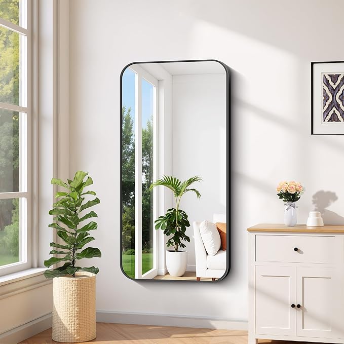 FORBATH Bathroom Mirror 48" x 24", Rectangle Black Narrow Bathroom Mirror with Black Aluminum Frame Rounded Corner, Wall Mounted Mirror for Bedroom Entryway Living Room