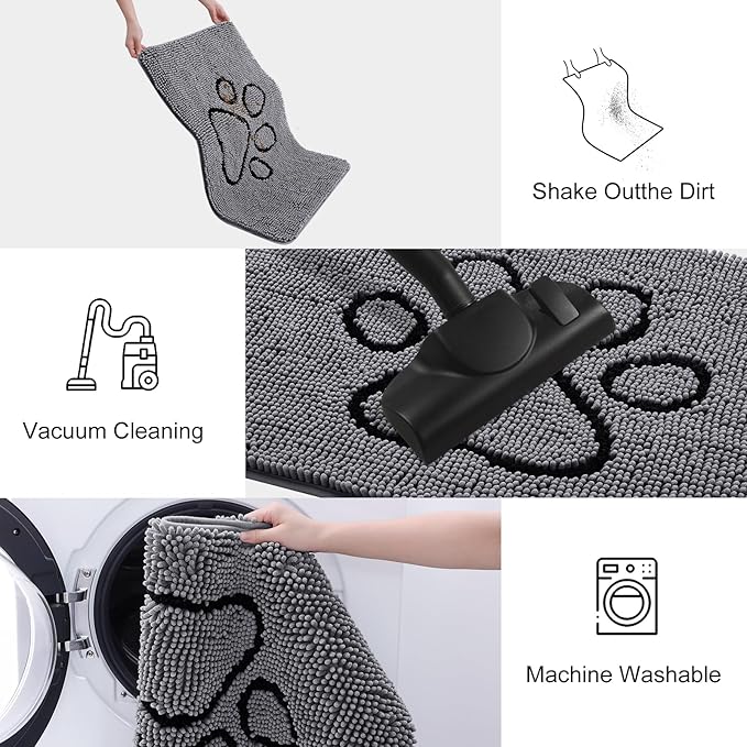 Smiry Dog Door Mat for Muddy Paws, Absorbent Dirt Trapper Non Slip Quick Dry Washable Chenille Mat for Mud Dogs, Entry Rug for Indoor and Outdoor (40x32 Inches, Dark Grey and Black)