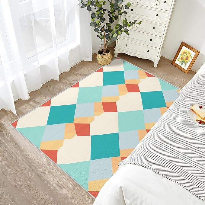 Geometric Large Area Rug 8x10 - Colorful Retro Mid Century Modern Rugs for Living Room Non Slip Low Pile Machine Washable Dining Room Rug, Geometric Carpet Home Decor & Gifts