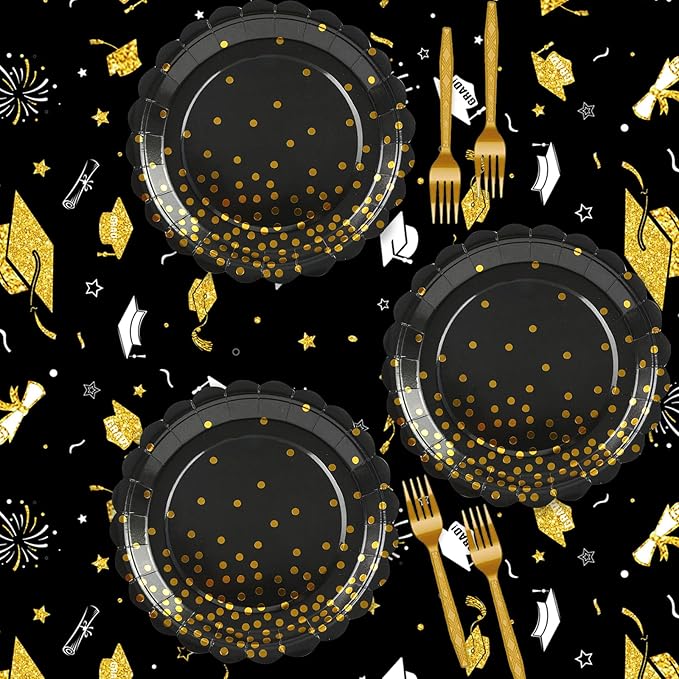 2 Pack Graduation Tablecloth, Class of 2026 Congrats Grad Table Cloths Disposable Plastic Rectangle Black Gold Table Cover for Graduation Tables Decorations Party Decor Supplies Favors,108 x 54 Inch