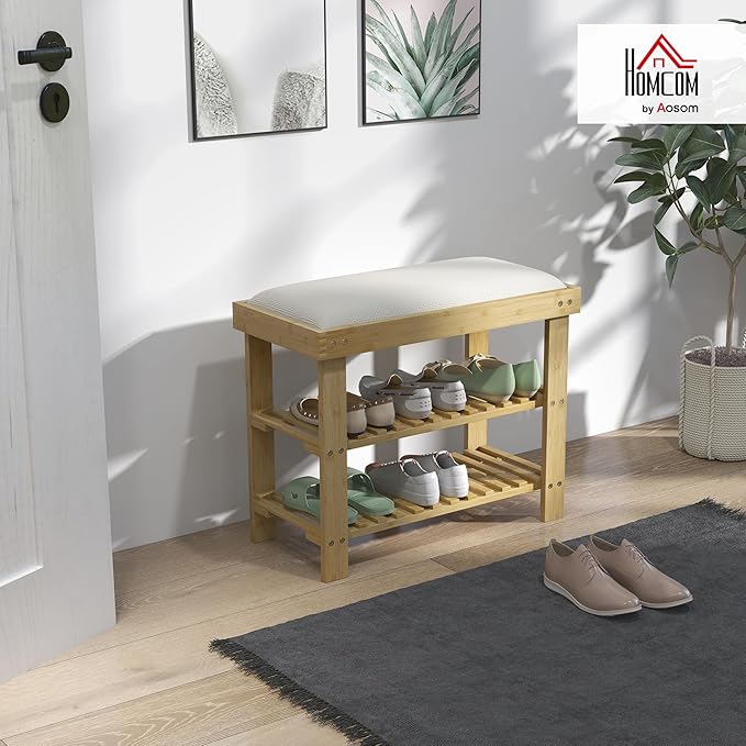 HOMCOM Bamboo Shoe Bench, 3-Tier Entryway Bench with Storage and Cushion, Shoe Organizer for Entryway, Hallway, Holds Up to 331 lbs, 23.6 x 11.4 x 19.3 Inches, Natural