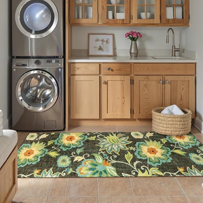 Lahome Floral 2x6 Hallway Runner Rug - Non Skid Washable Kitchen Runner Rugs, Low-Plie Green Paisley Print Carpet for Entryway Bedroom Living Room