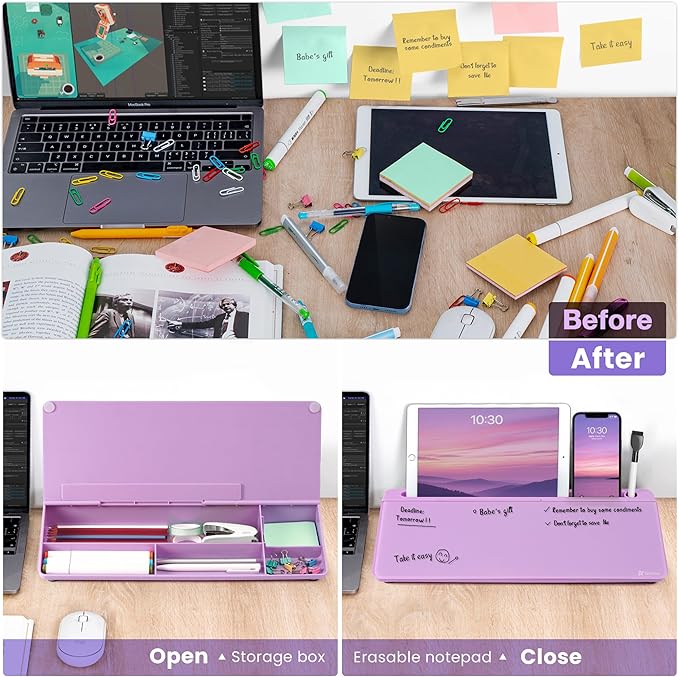Varhomax Glass Desk Whiteboard with Storage, Desktop Organizer to-do List Memo Notepad Dry Erase White Board for Home Office and School Supplies (Purple)
