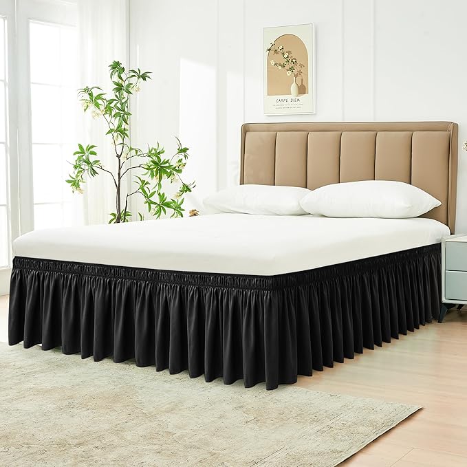 Biscaynebay Wrap Around Bed Skirts for Queen Beds with Extra Long Drop of 25", Black Adjustable Elastic Dust Ruffles Easy Fit Wrinkle Resistant Silky Luxurious Fabric Machine Washable