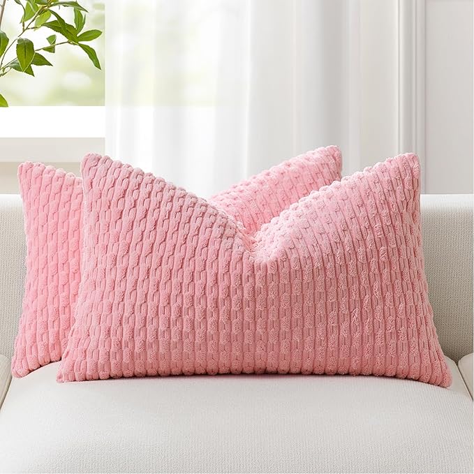 Kevin Textile Valentines Day 12x24 Inch Pillow Cover 1 Pack Boho Decorative Soft Striped Corduroy Lumbar Farmhouse Accent Rectangle Cushion Case for Living Room Couch Sofa Bed, Pink