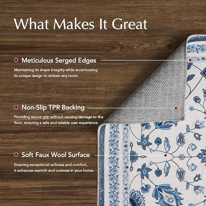 EVERGRACE Hallyway Area Runner Rugs 2x8, Boho Floral Faux Wool Indoor Outdoor Rugs, Washable Rugs for Bedroom Dining Room Living Room Kitchen, Low Pile Floor Mat Carpet for Home Decor, Porcelain Blue