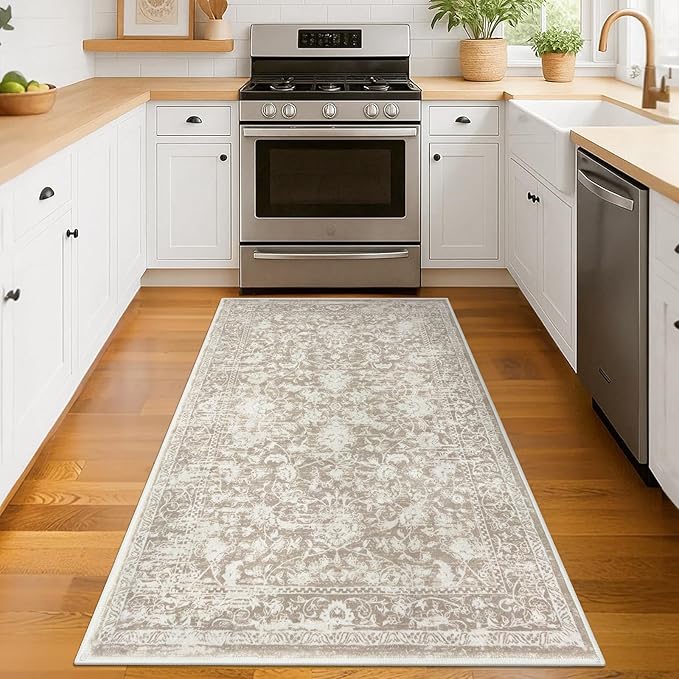 KILOCOCO Area Rug 3x5 Entryway Rug Washable Printed Vintage Floral Rubber Backed Non Slip Indoor Kitchen Rugs for Living Room Laundry Room Playroom Mudroom Moroccan Area Rugs, Beige