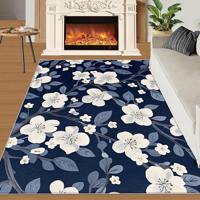 Boho Rugs for Bedroom - 4x6 Area Rug - Blue White Flowers Rugs for Living Room, Vintage Modern Flowers Rug, Washable Home Decor Carpet