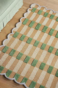 Hand-Tufted Wool Rug with Scalloped Edges, Light Blue Plaid Pattern, Cozy Soft Area Rug for Living Room, Bedroom, and Nursery, Handmade Modern Accent Rug (Green, 4X7 FEET)