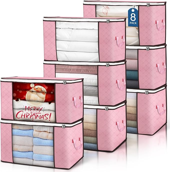 90 L Large Storage Bags, 8 Pack Clothes Storage Bins Foldable Closet Organizer Storage Containers with Durable Handle Storage and Organization, Blanket, Comforters, Bed Sheets, Pillows and Toys (Pink)