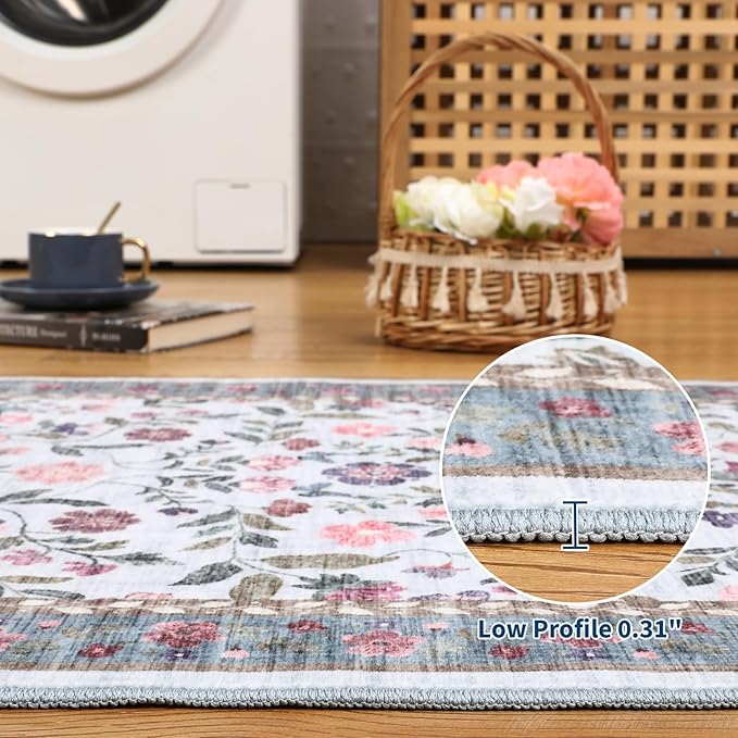 GarveeHome Large Washable Area Rug 10 x 13 for Living Room, Non-Slip Soft Vintage Rug, Low Pile Farmhouse Floral Carpet, Non-Shedding Foldable Printed Rugs for Bedroom, Light Blue