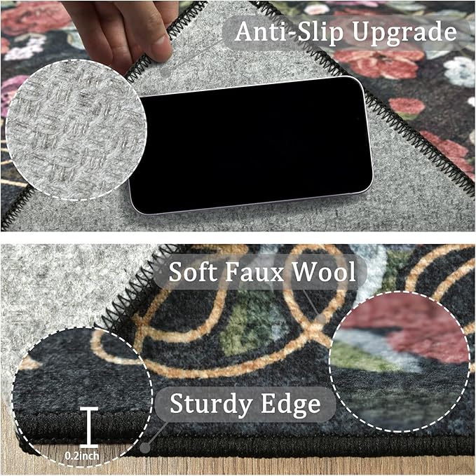 6ft Round Machine Washable Area Rug for Living Room, Black Vintage Boho Floral Rug Large Non-Slip Low Pile Soft Faux Wool Carpet, Kids and Pets Friendly for Bedroom Nursery Farmhouse Home Decor Rug