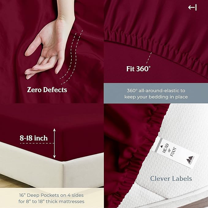Mayfair Linen 500 Thread Count Split King Sheets Sets for Adjustable Bed - 5 PC Split King Size Bed Sheet Set Cotton (Burgundy), Soft, Cooling, Sateen 16" Deep Pocket Bedsheet (Fits 18" Mattress)