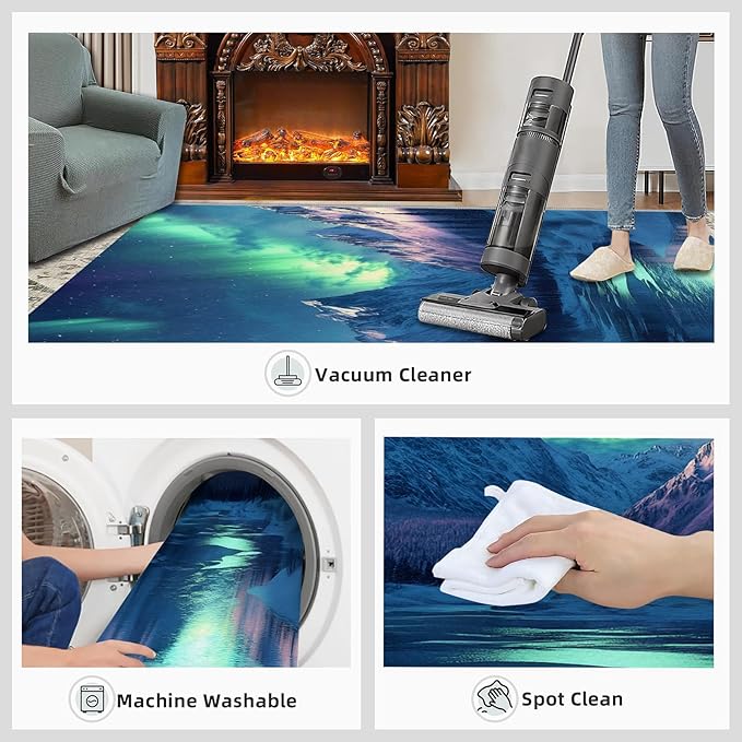 5x6 Snowy Mountains Rugs for Office - Aurora Borealis Living Room Carpet, Polar Landscape Bedroom Area Rug Kids Low Pile Rug for Indoor Outdoor Hardwood Floors Home Decor