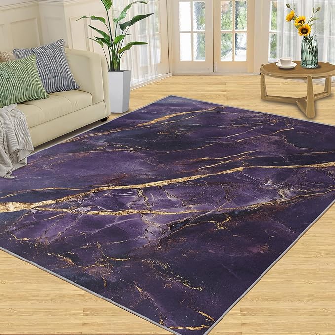 8x10 Abstract Marble Rugs for Living Room - Purple-Marble Large Area Rug, Luxury Stone Pattern Modern Boy Nursery Rug Soft Washable for Classroom Office Bedroom Kids Room