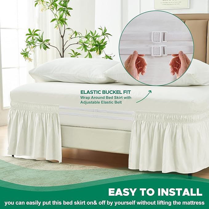 Biscaynebay Wrap Around Bed Skirts for King & Cal King Beds 18" Long Drop, Ivory Adjustable Elastic Dust Ruffles Easy Fit Wrinkle Resistant Silky Luxurious Fabric Machine Washable