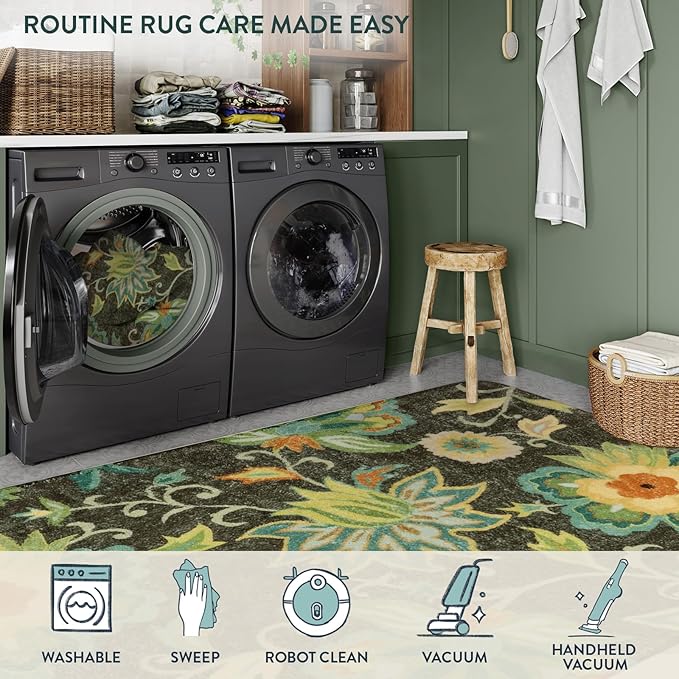 Lahome Floral 2x6 Hallway Runner Rug - Non Skid Washable Kitchen Runner Rugs, Low-Plie Green Paisley Print Carpet for Entryway Bedroom Living Room