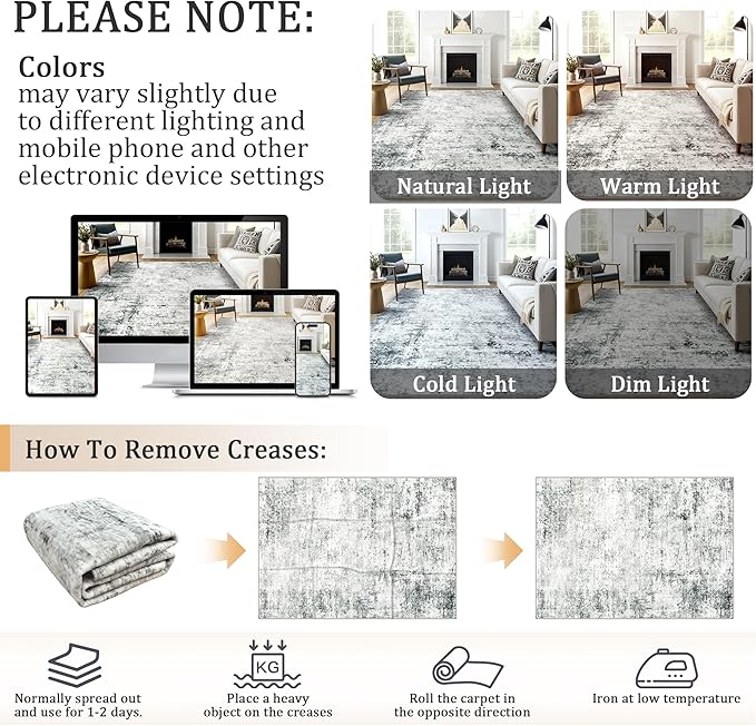 5x7 Machine Washable Area Rug for Living Room, Grey Modern Vintage Abstract Rug Large Non-Slip Low Pile Soft Faux Wool Carpet, Kids and Pets Friendly for Bedroom Dining Room Farmhouse Home Decor Rug