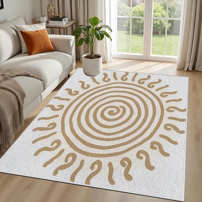 Boho Washable Rugs for Bedroom 3x5, Modern Sun Print Soft Minimalism Area Rug, Non Slip Low Pile Abstract Carpet for Classroom Living Room Decor Dining Room, Beige Yellow