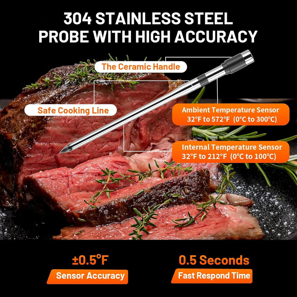 Wireless Meat Thermometer with Smart Timer & APP Control, 800ft Bluetooth Grill Food Thermometer - 0.19In-Ultra Thin Probe, ±0.5℉ Accuracy, Digital Backlit Screen for BBQ, Oven, Smoker, Kitchen