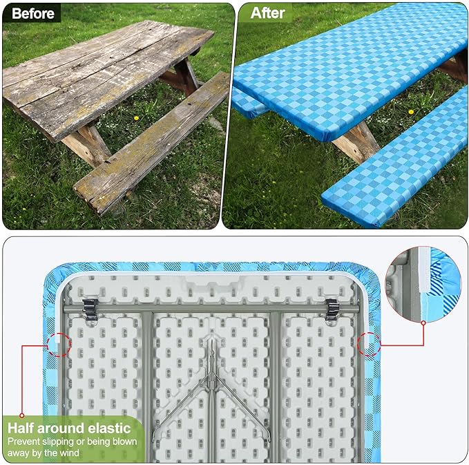 Picnic Table Cover with Bench Covers Camping Essentials Waterproof Windproof Camping Tablecloth with Drawstring Bag, Fitted Rectangle Tables and Seats, 72in, Blue