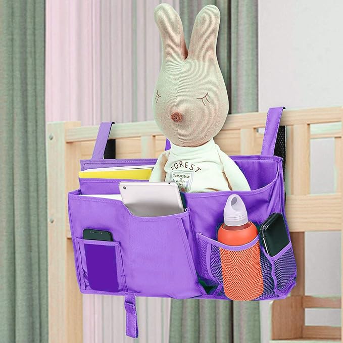Bunk Bed Organizer - Bedside Storage Caddy with Pocket, Hanging Organizer for Camp, Dorm, Room, Hospital Bed Rail and More (Purple)
