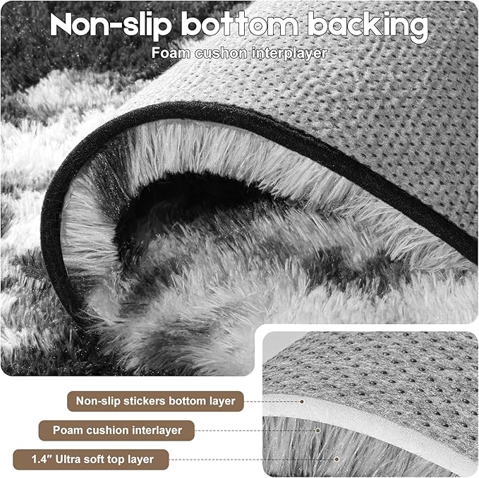 Area Rugs 9x12 Living Room, Fluffy Large Rugs for Bedroom, Soft Shag Fuzzy Non-Slip Carpet for Kids Boys and Girls Nursery Room Dorm Indoor Home Decor (Black and White, 9ft x 12ft)