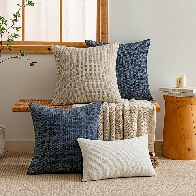 a moment Dark Blue Chenille Throw Pillow Covers 16x16 Inch Pack of 2 Modern Decorative Throw Pillow Covers Farmhouse Cross Covers Home Decor for Sofa Bedroom Living Room