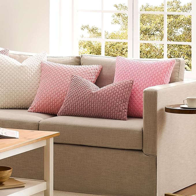 Kevin Textile 14x36 Inch Long Lumbar 1 Pack Boho Decorative Throw Pillow Cover Soft Striped Corduroy Rectangle Cushion Case Farmhouse Accent for Living Room Couch Sofa Bed, Dark Pink