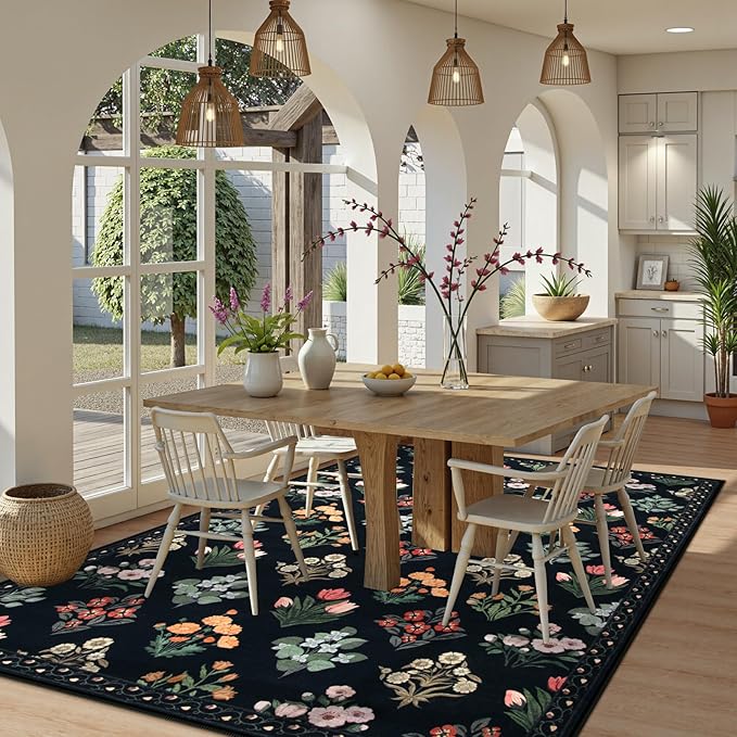 Wonnitar Floral Print Rug for Living Room, Black Washable 5x7 Area Rugs, Ultra-Thin Non Slip Stain Resistant Bedroom Carpet for Dining Room Playroom Office Dorm, Black/Multi