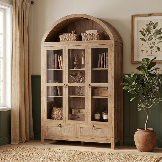 TYBOATLE 75'' Arched Cabinet Classic Farmhouse Design w/Three Glass Doors